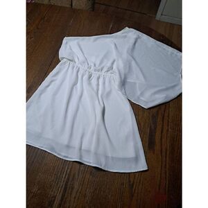 Small Caramela Off Shoulder Off White Lined Elastic Waist Mini Dress